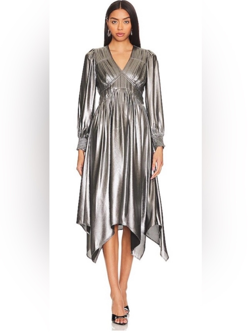 All Saints Estelle Metallic Silver V-Neck High-Low Midi Dress